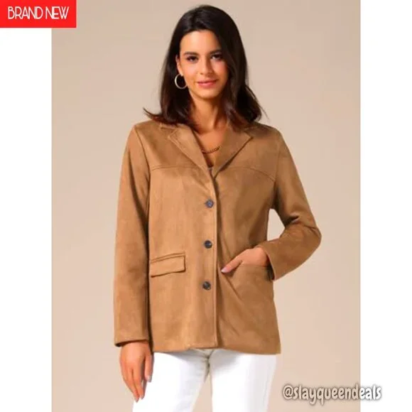 Faux Suede Blazer Women's Business Casual Lapel Jacket Long Sleeve